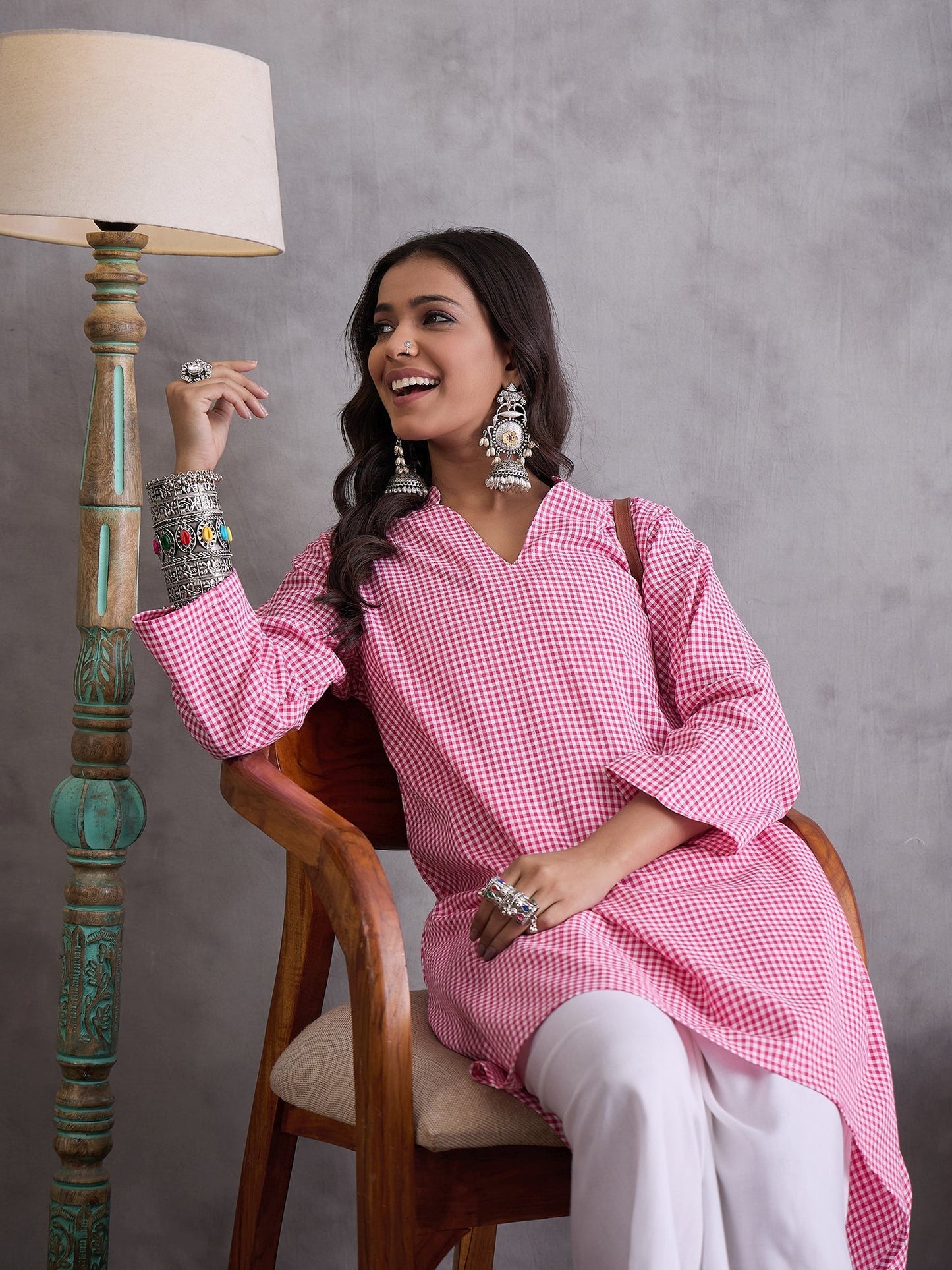 InWeave Pink Small Check Cream Palazzo Set - Swadesiicart