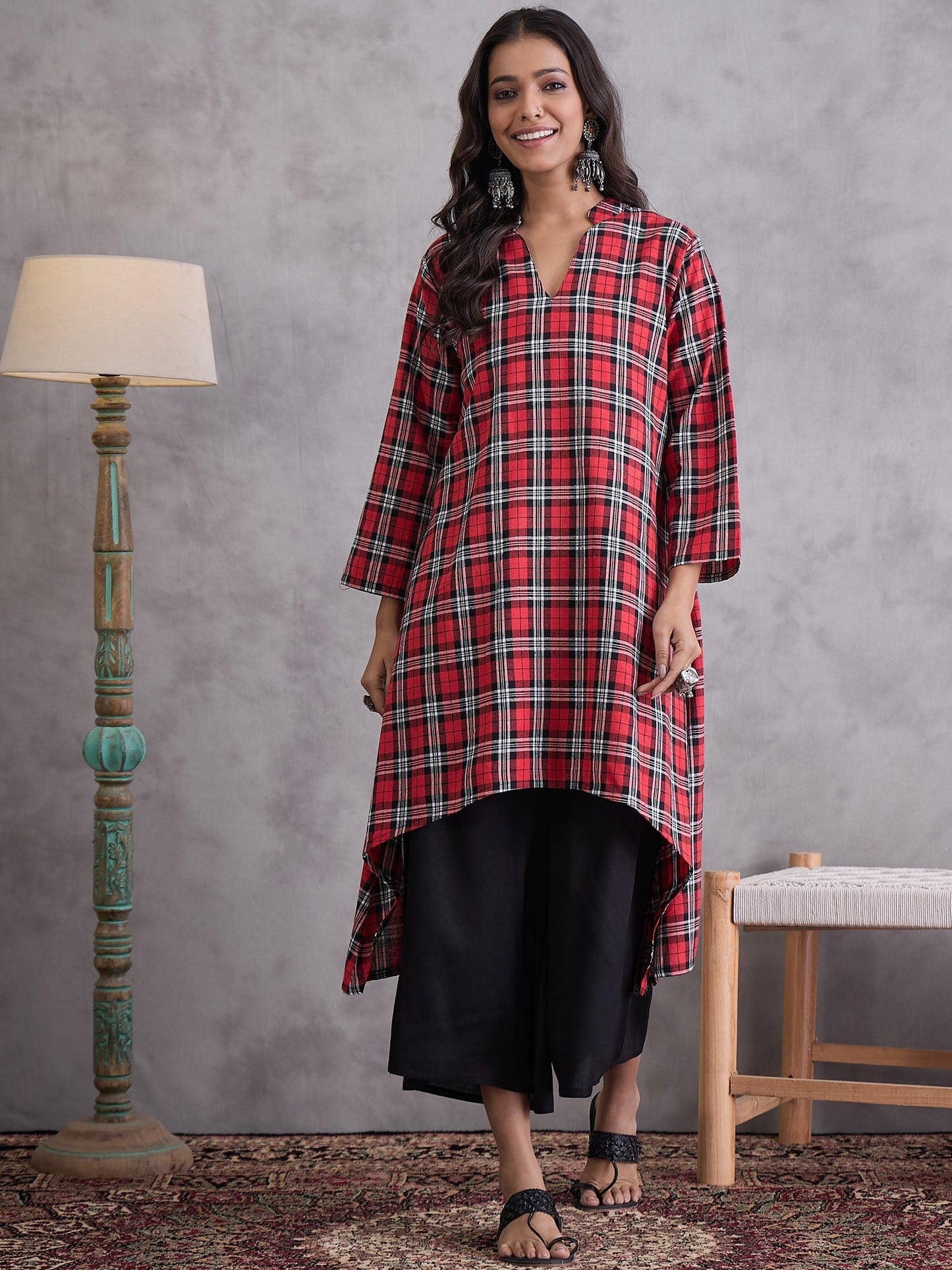 InWeave Red Black Check Black Palazzo Set - Swadesiicart