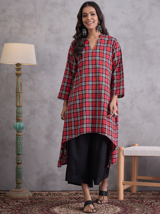 InWeave Red Black Check Black Palazzo Set - Swadesiicart