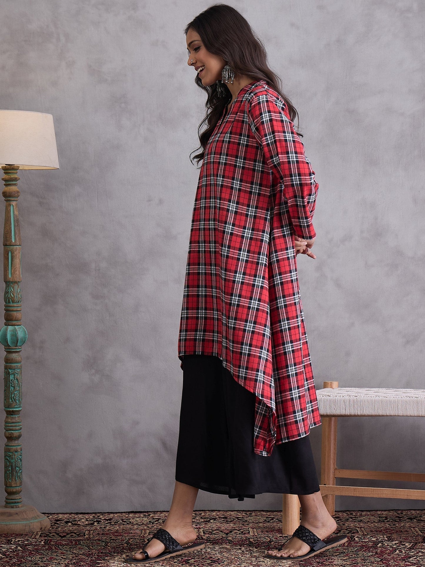 InWeave Red Black Check Black Palazzo Set - Swadesiicart
