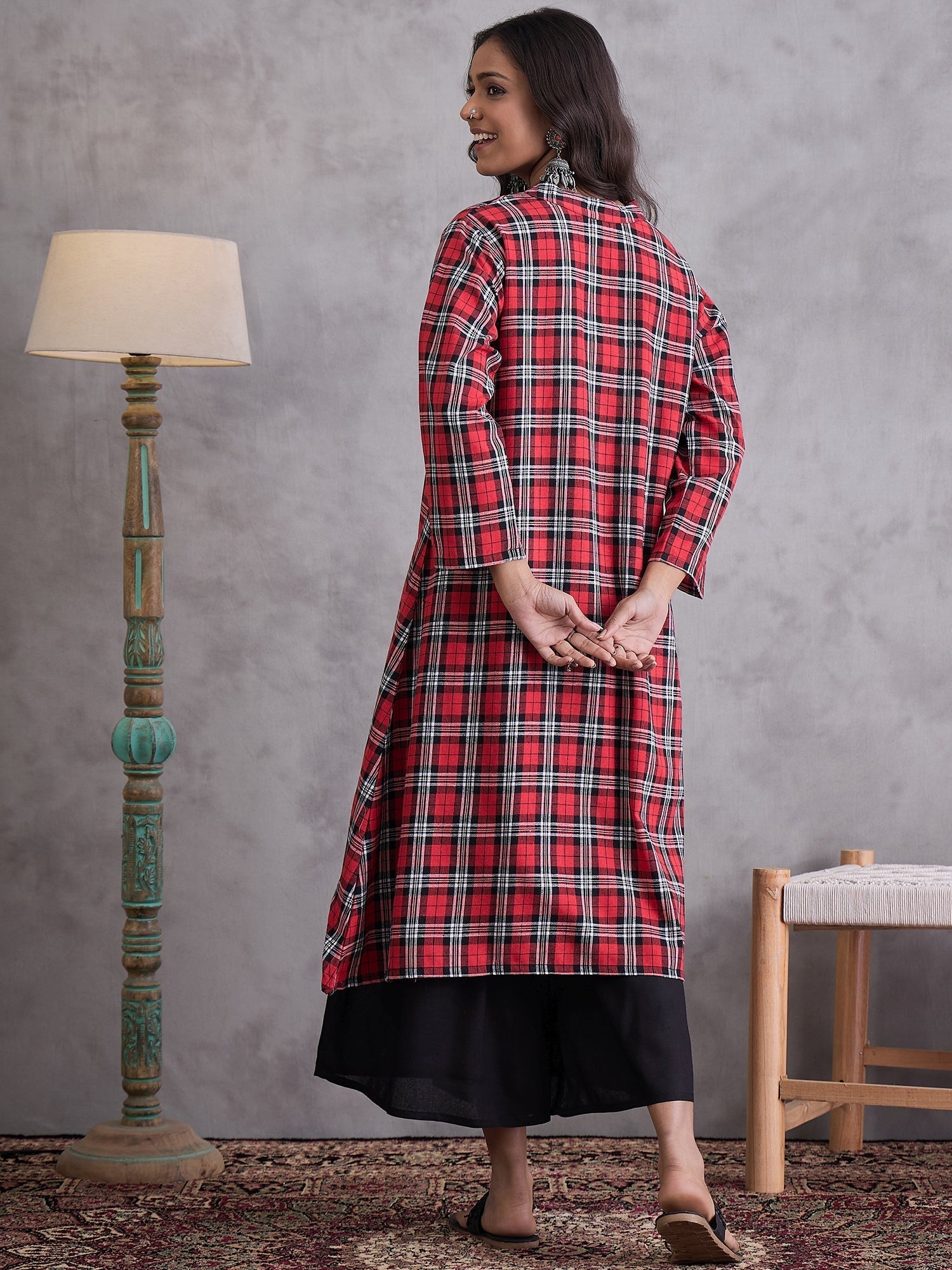 InWeave Red Black Check Black Palazzo Set - Swadesiicart
