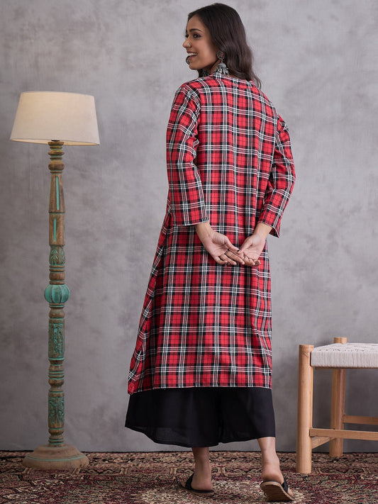 InWeave Red Black Check Black Palazzo Set - Swadesiicart