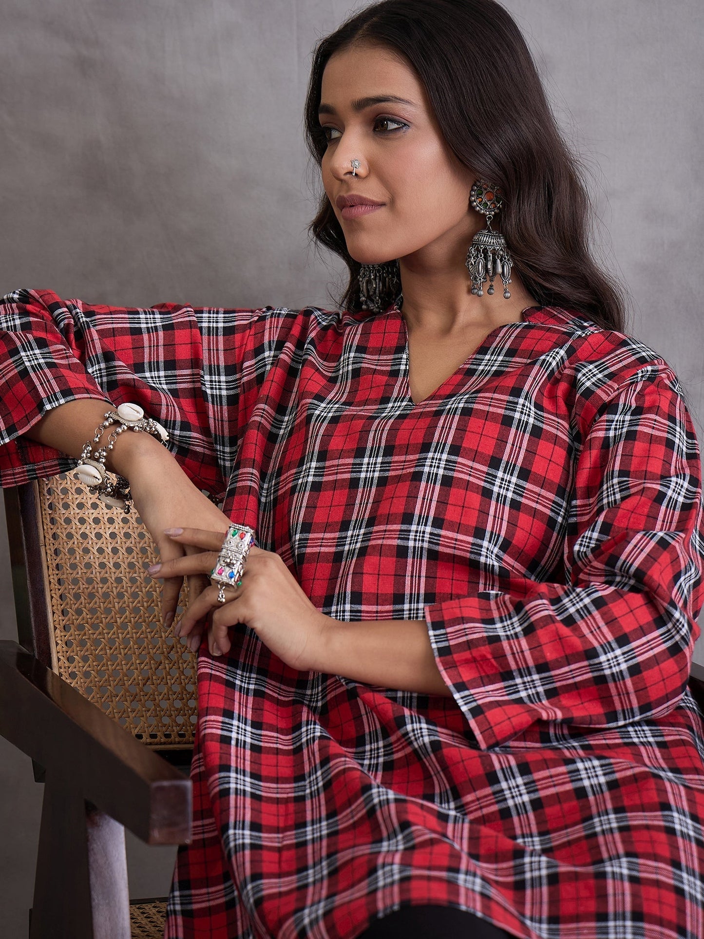 InWeave Red Black Check Black Palazzo Set - Swadesiicart