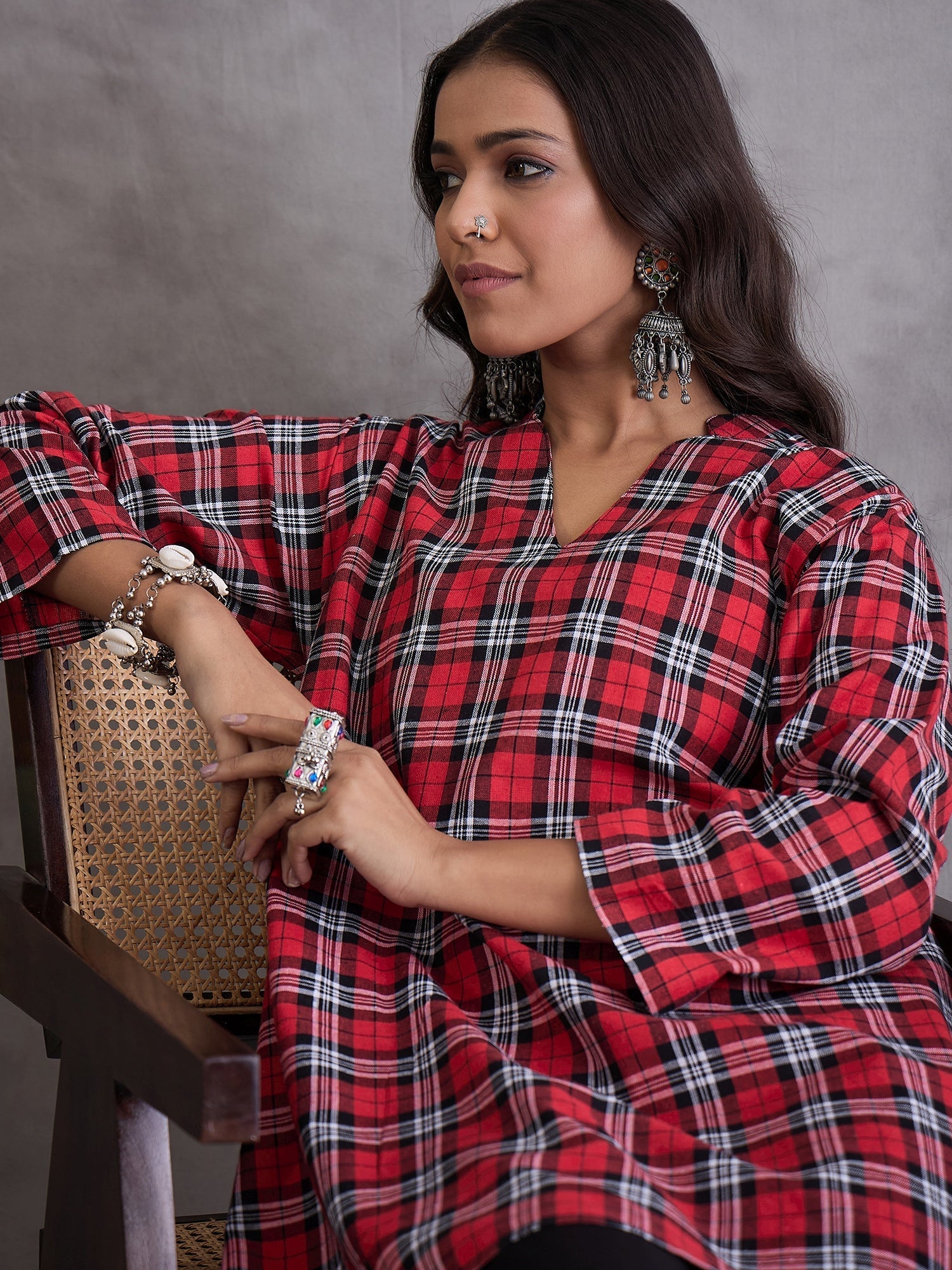 InWeave Red Black Check Black Palazzo Set - Swadesiicart