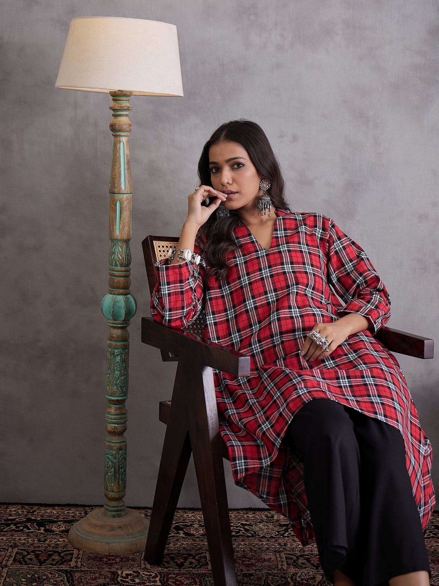 InWeave Red Black Check Black Palazzo Set - Swadesiicart