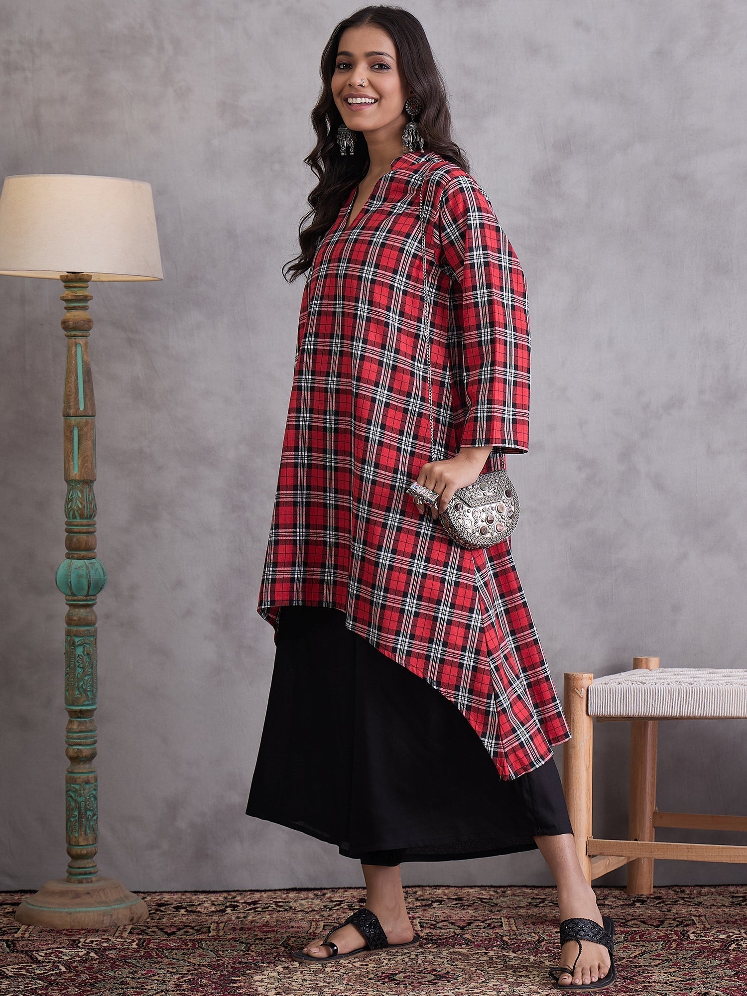 InWeave Red Black Check Black Palazzo Set - Swadesiicart