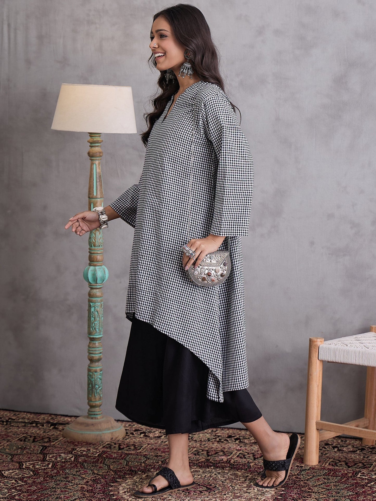 InWeave Black Small Check Black Palazzo Set - Swadesiicart