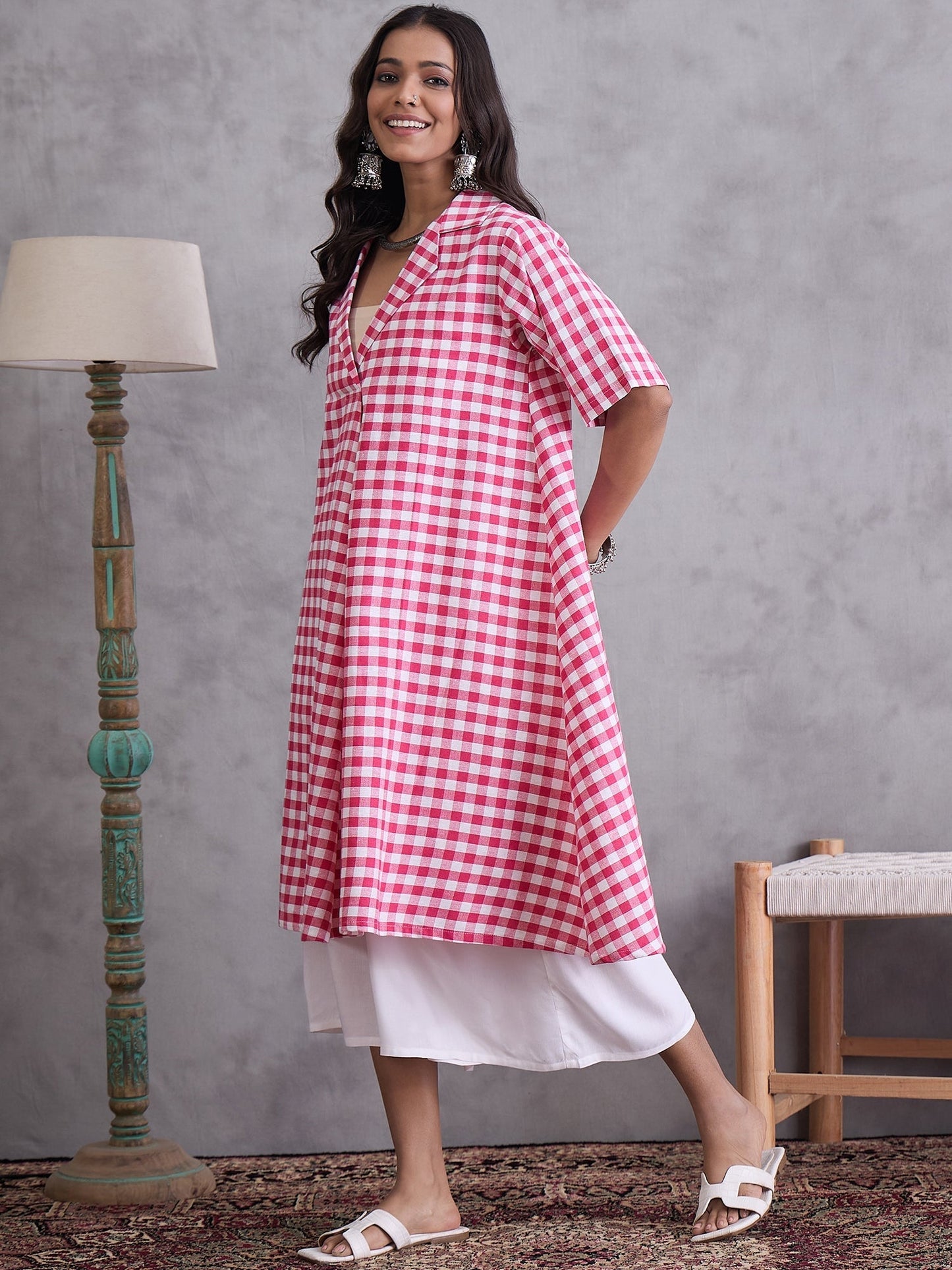 InWeave Pink Big Check Collar Palazzo Set - Swadesiicart