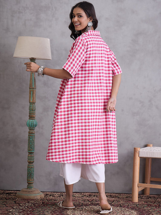 InWeave Pink Big Check Collar Palazzo Set - Swadesiicart