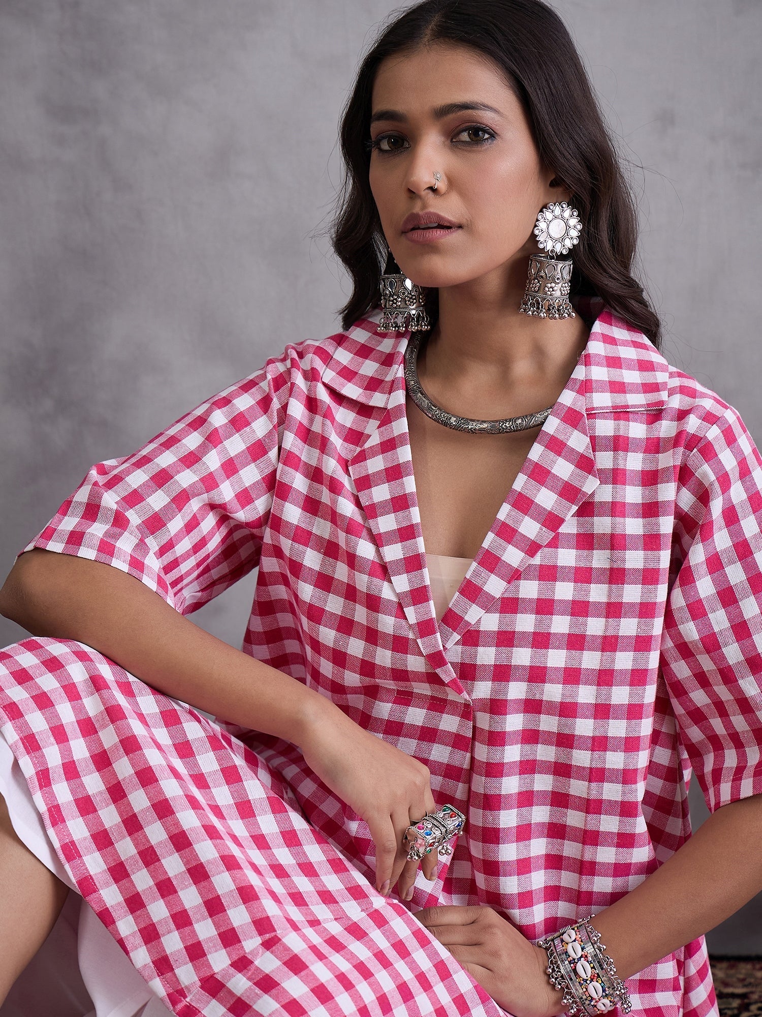 InWeave Pink Big Check Collar Palazzo Set - Swadesiicart