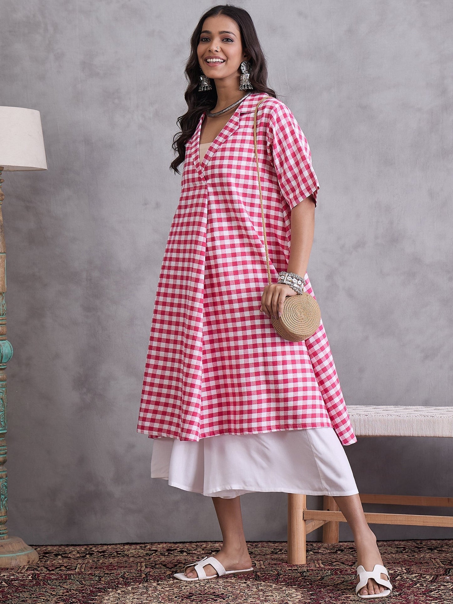 InWeave Pink Big Check Collar Palazzo Set - Swadesiicart