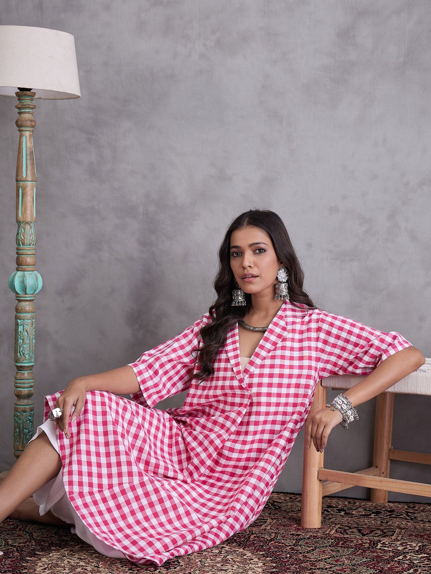 InWeave Pink Big Check Collar Palazzo Set - Swadesiicart