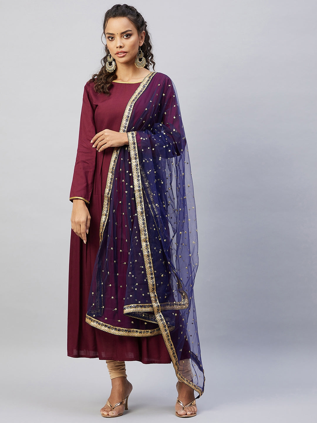 InWeave Women's Maroon Solid Long Kurta With Navy Net Dupatta - Swadesiicart