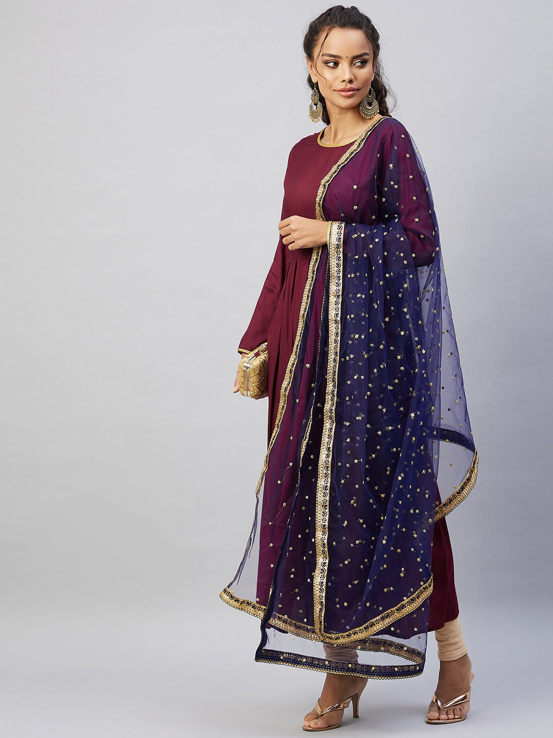 InWeave Women's Maroon Solid Long Kurta With Navy Net Dupatta - Swadesiicart