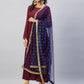 InWeave Women's Maroon Solid Long Kurta With Navy Net Dupatta - Swadesiicart
