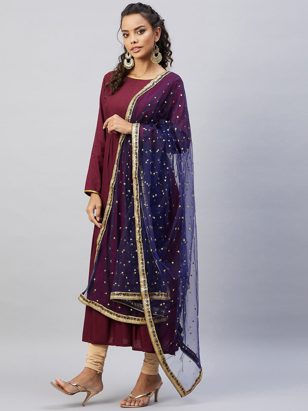 InWeave Women's Maroon Solid Long Kurta With Navy Net Dupatta - Swadesiicart