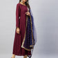 InWeave Women's Maroon Solid Long Kurta With Navy Net Dupatta - Swadesiicart