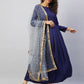 InWeave Women's Navy Solid Long Kurta With Light Blue Net Dupatta - Swadesiicart