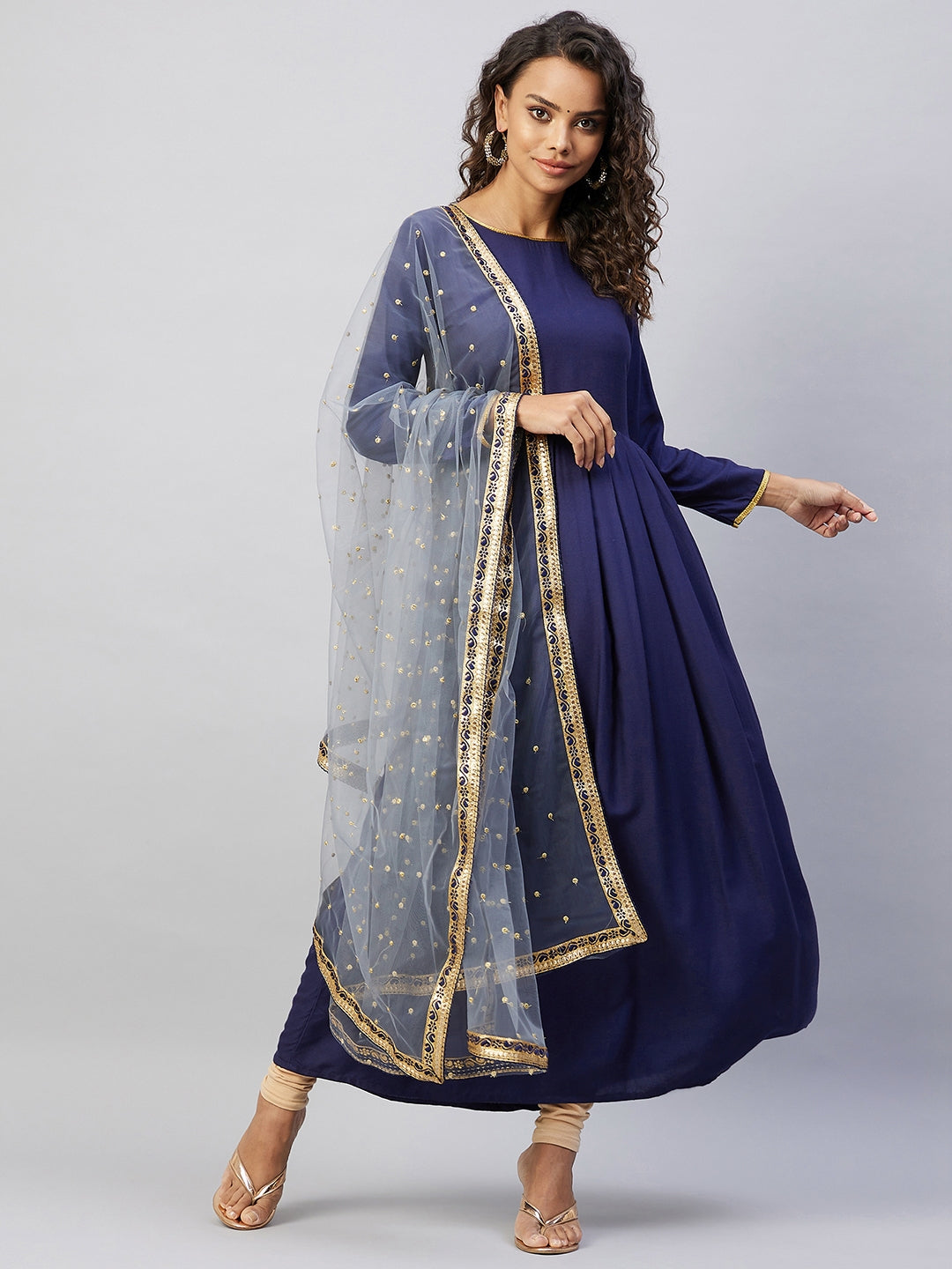 InWeave Women's Navy Solid Long Kurta With Light Blue Net Dupatta - Swadesiicart
