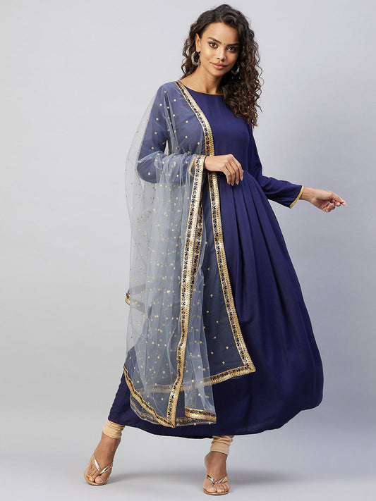 InWeave Women's Navy Solid Long Kurta With Light Blue Net Dupatta - Swadesiicart