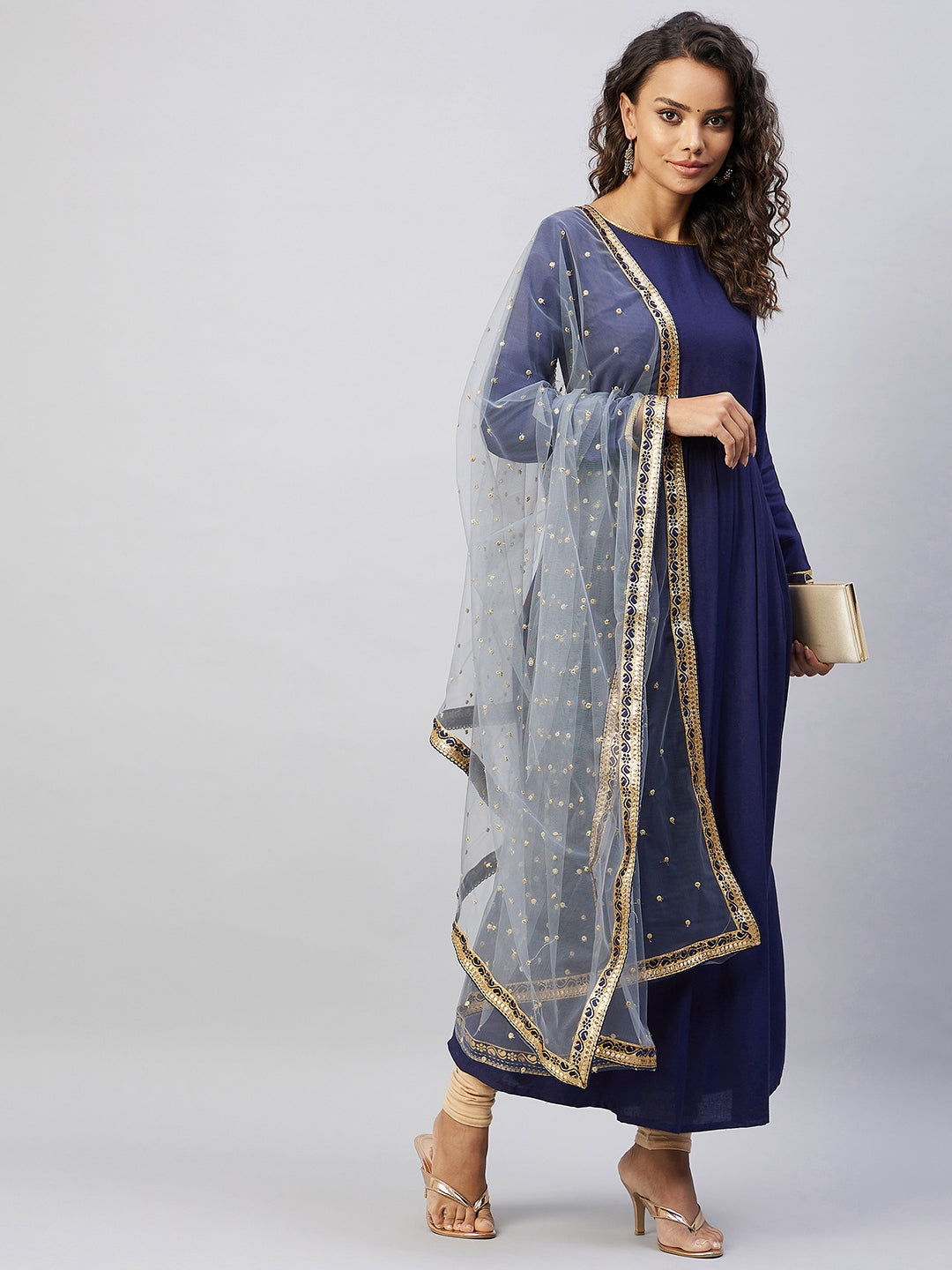 InWeave Women's Navy Solid Long Kurta With Light Blue Net Dupatta - Swadesiicart