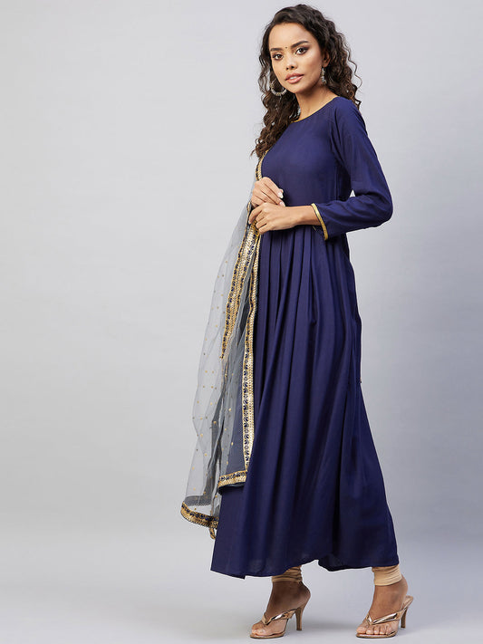 InWeave Women's Navy Solid Long Kurta With Light Blue Net Dupatta - Swadesiicart