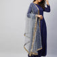 InWeave Women's Navy Solid Long Kurta With Light Blue Net Dupatta - Swadesiicart