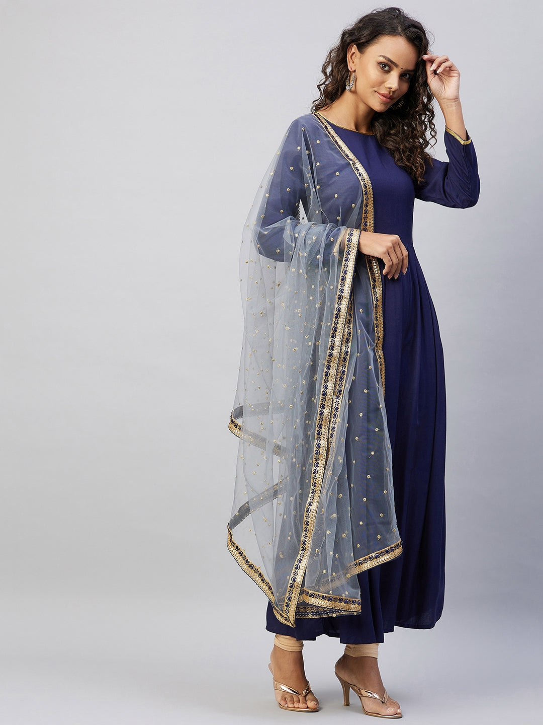 InWeave Women's Navy Solid Long Kurta With Light Blue Net Dupatta - Swadesiicart