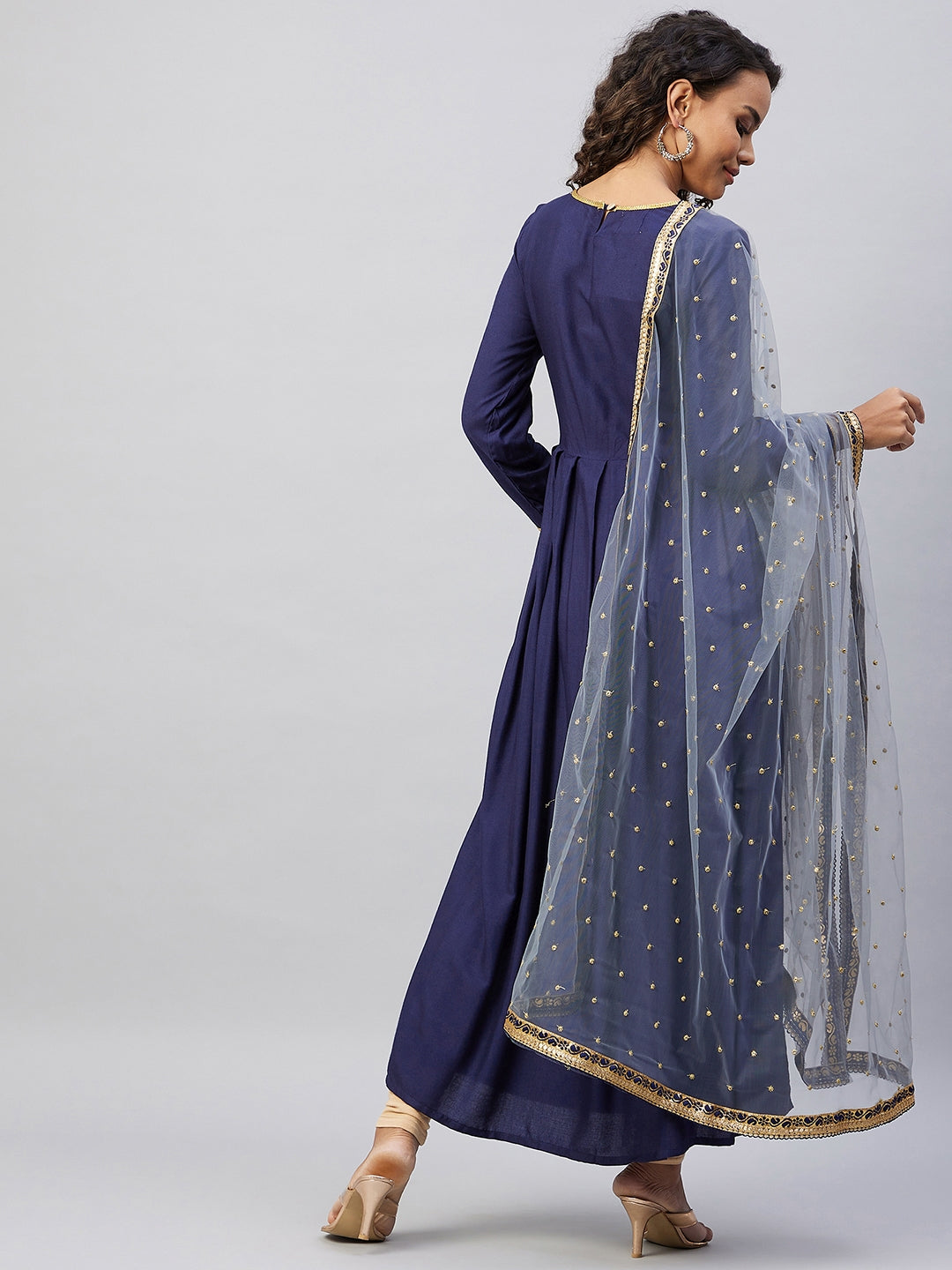 InWeave Women's Navy Solid Long Kurta With Light Blue Net Dupatta - Swadesiicart
