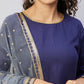 InWeave Women's Navy Solid Long Kurta With Light Blue Net Dupatta - Swadesiicart