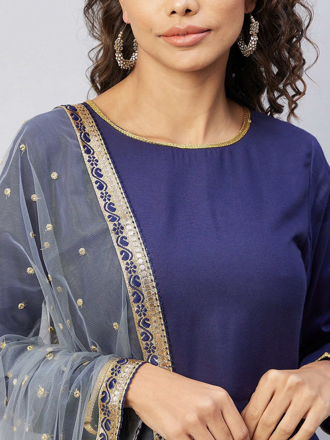 InWeave Women's Navy Solid Long Kurta With Light Blue Net Dupatta - Swadesiicart