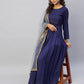 InWeave Women's Navy Solid Long Kurta With Light Blue Net Dupatta - Swadesiicart