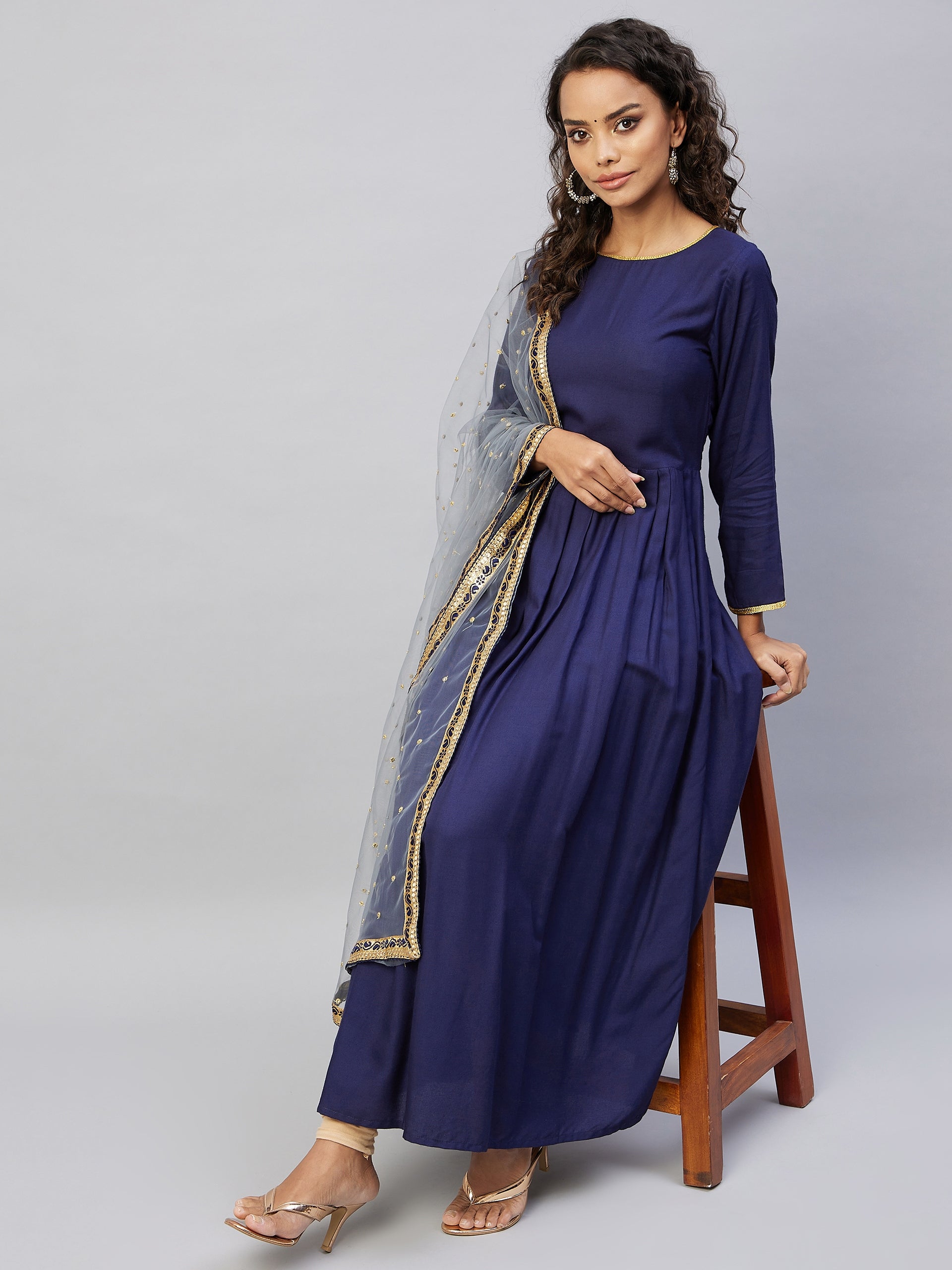 InWeave Women's Navy Solid Long Kurta With Light Blue Net Dupatta - Swadesiicart