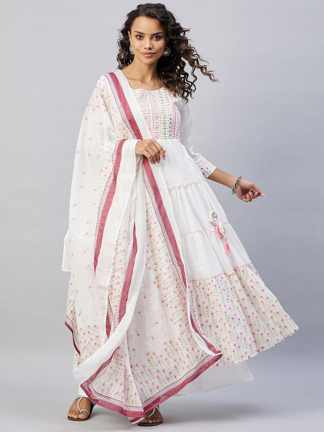 InWeave Women's Pink White Mirror Print Kurta With Dupatta - Swadesiicart