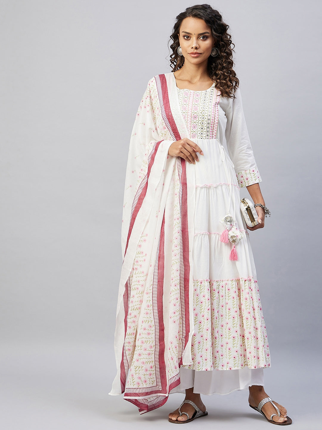 InWeave Women's Pink White Mirror Print Kurta With Dupatta - Swadesiicart