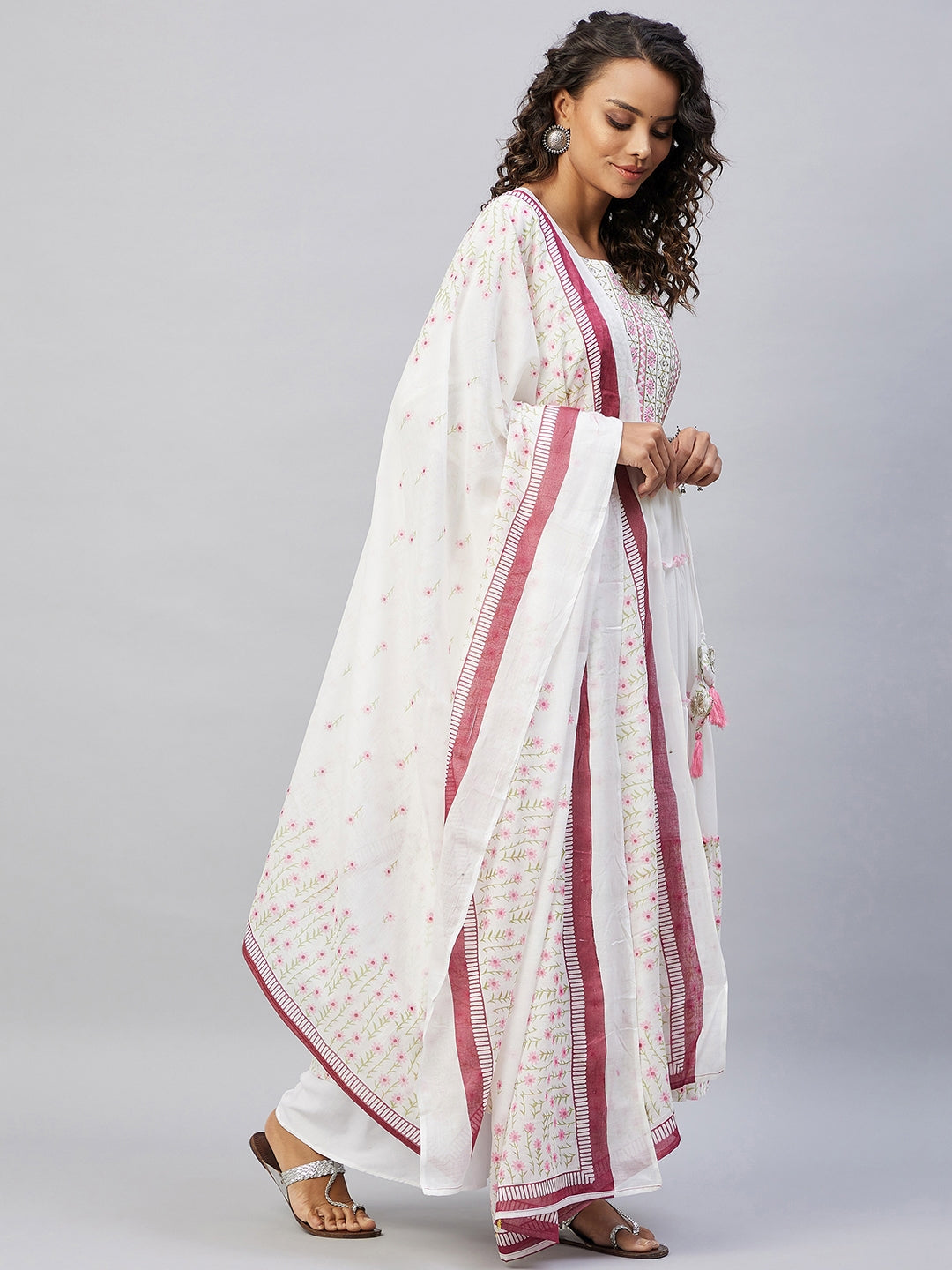 InWeave Women's Pink White Mirror Print Kurta With Dupatta - Swadesiicart