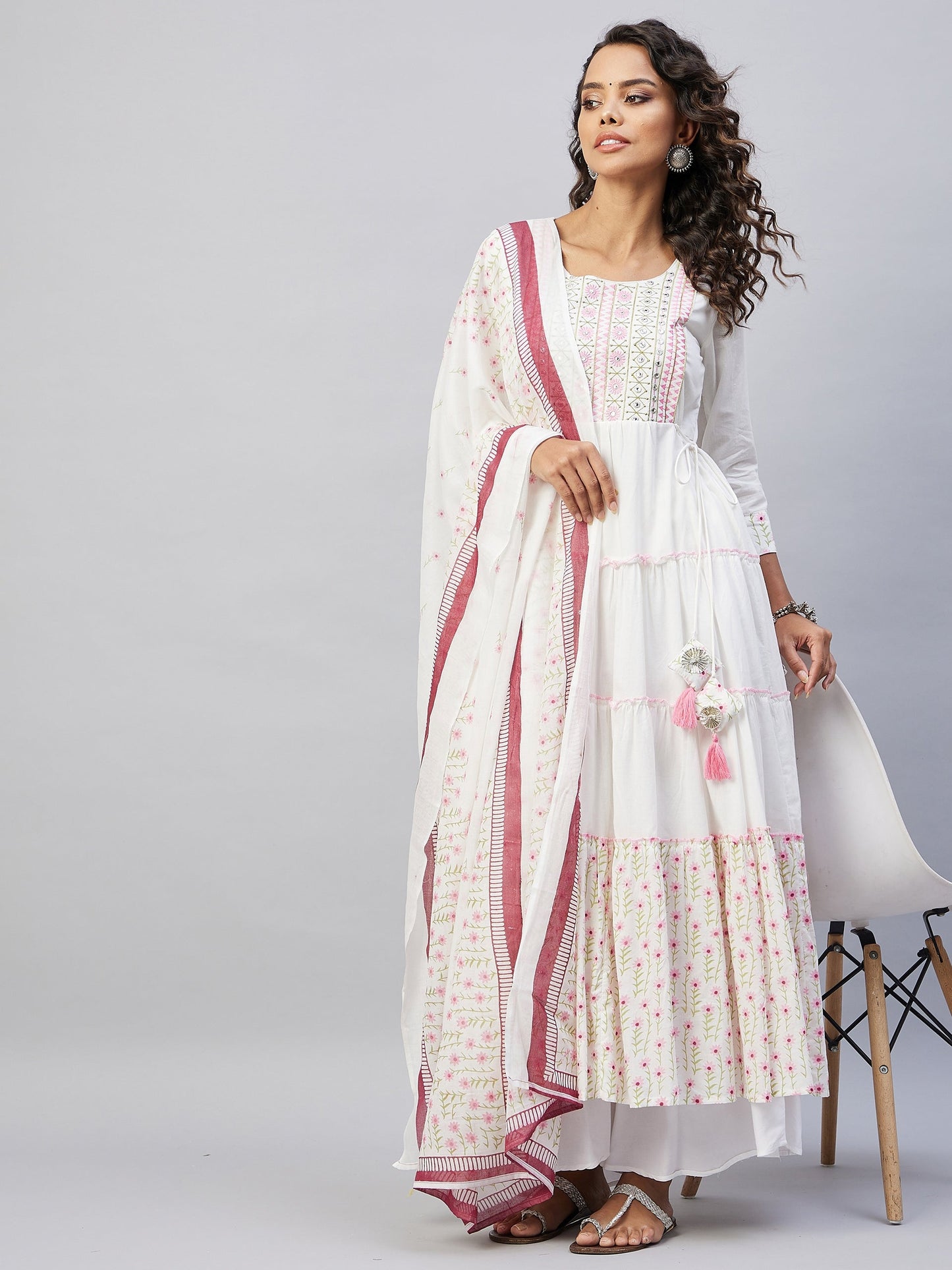 InWeave Women's Pink White Mirror Print Kurta With Dupatta - Swadesiicart