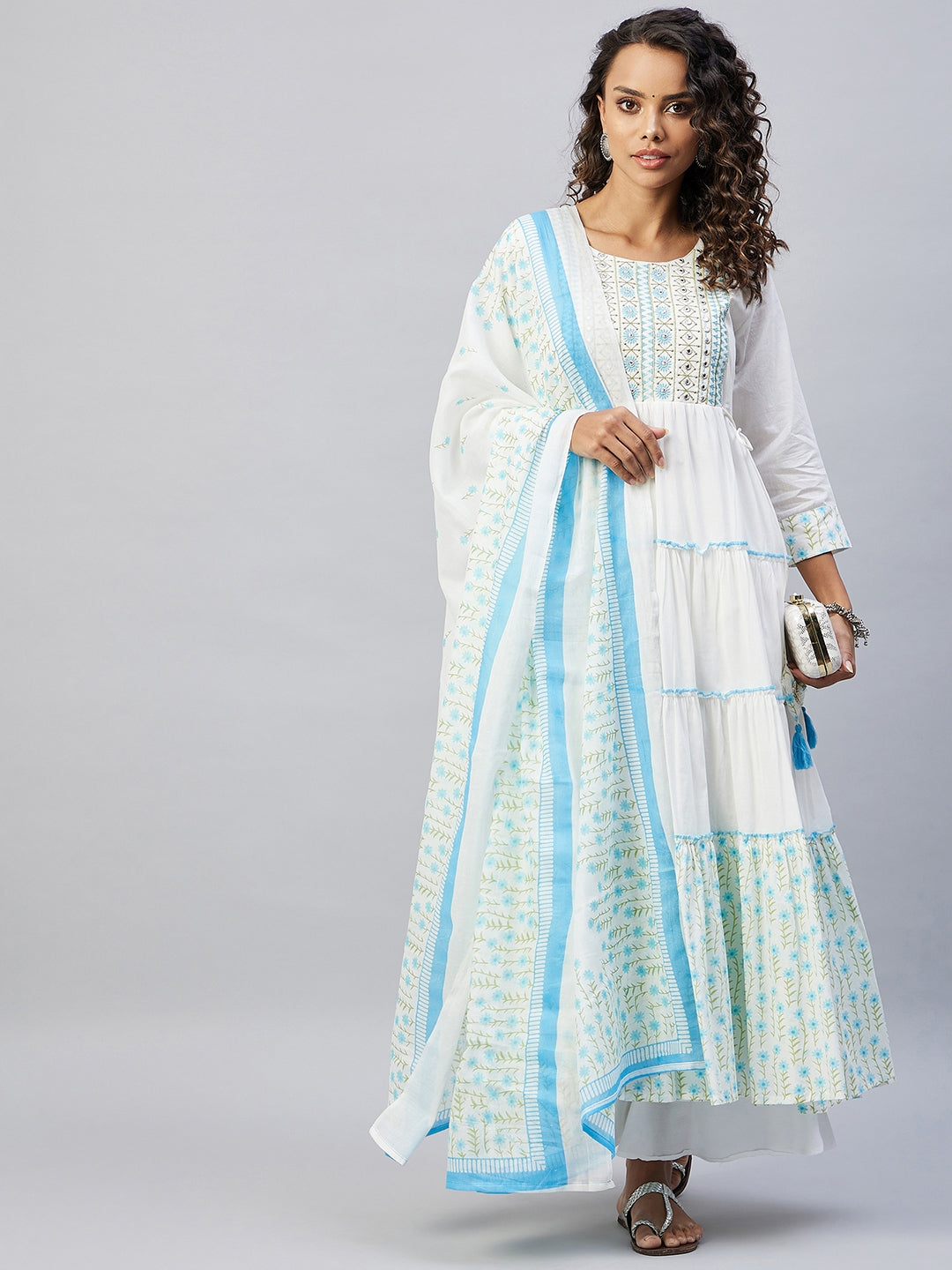 InWeave Women's Sky Blue White Mirror Print Kurta With Dupatta - Swadesiicart