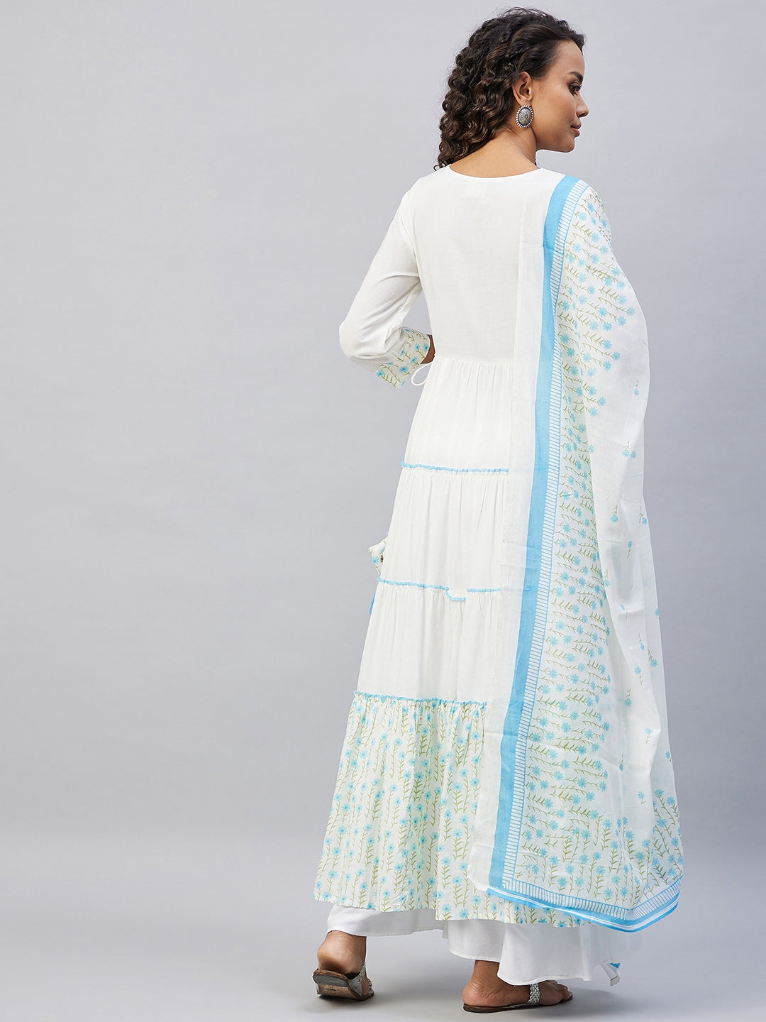 InWeave Women's Sky Blue White Mirror Print Kurta With Dupatta - Swadesiicart