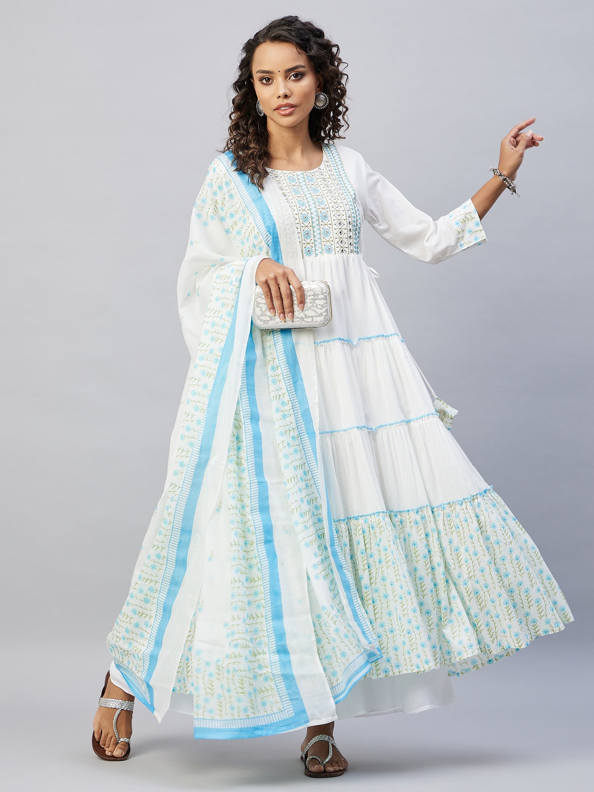 InWeave Women's Sky Blue White Mirror Print Kurta With Dupatta - Swadesiicart