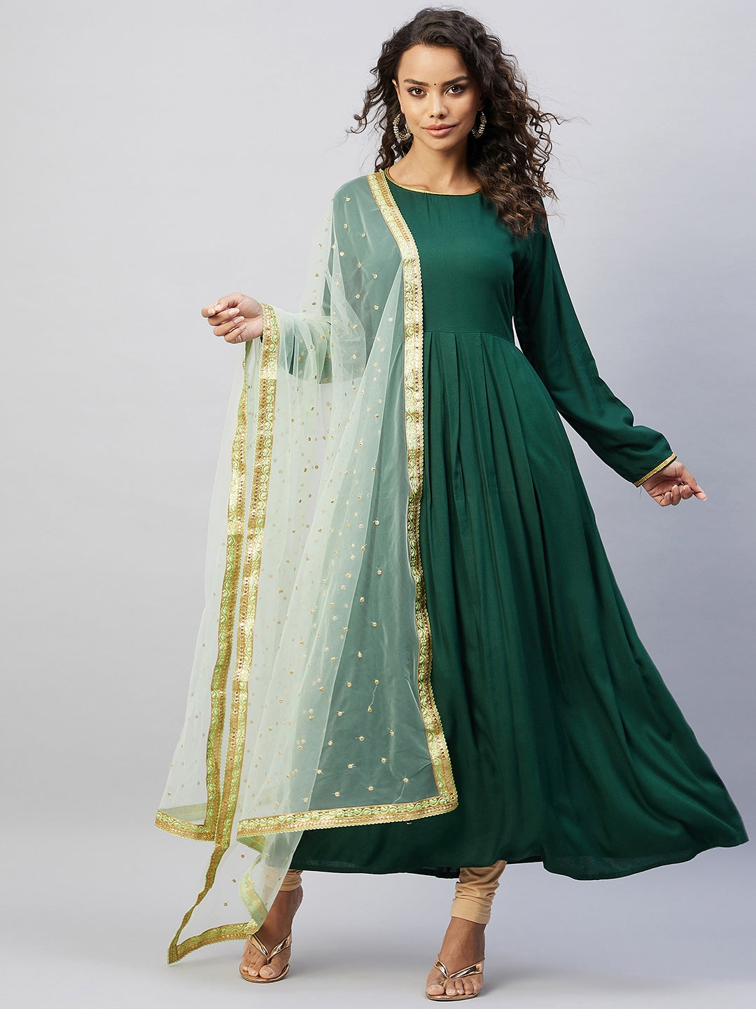 InWeave Women's Green Solid Long Kurta With Mint Green Net Dupatta - Swadesiicart