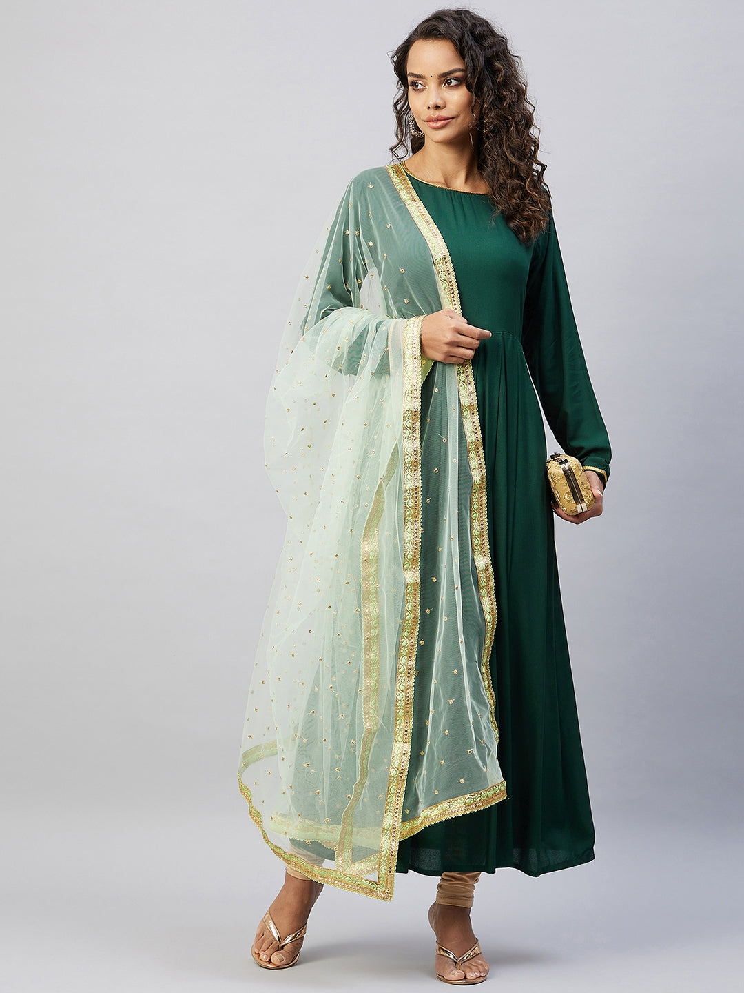 InWeave Women's Green Solid Long Kurta With Mint Green Net Dupatta - Swadesiicart