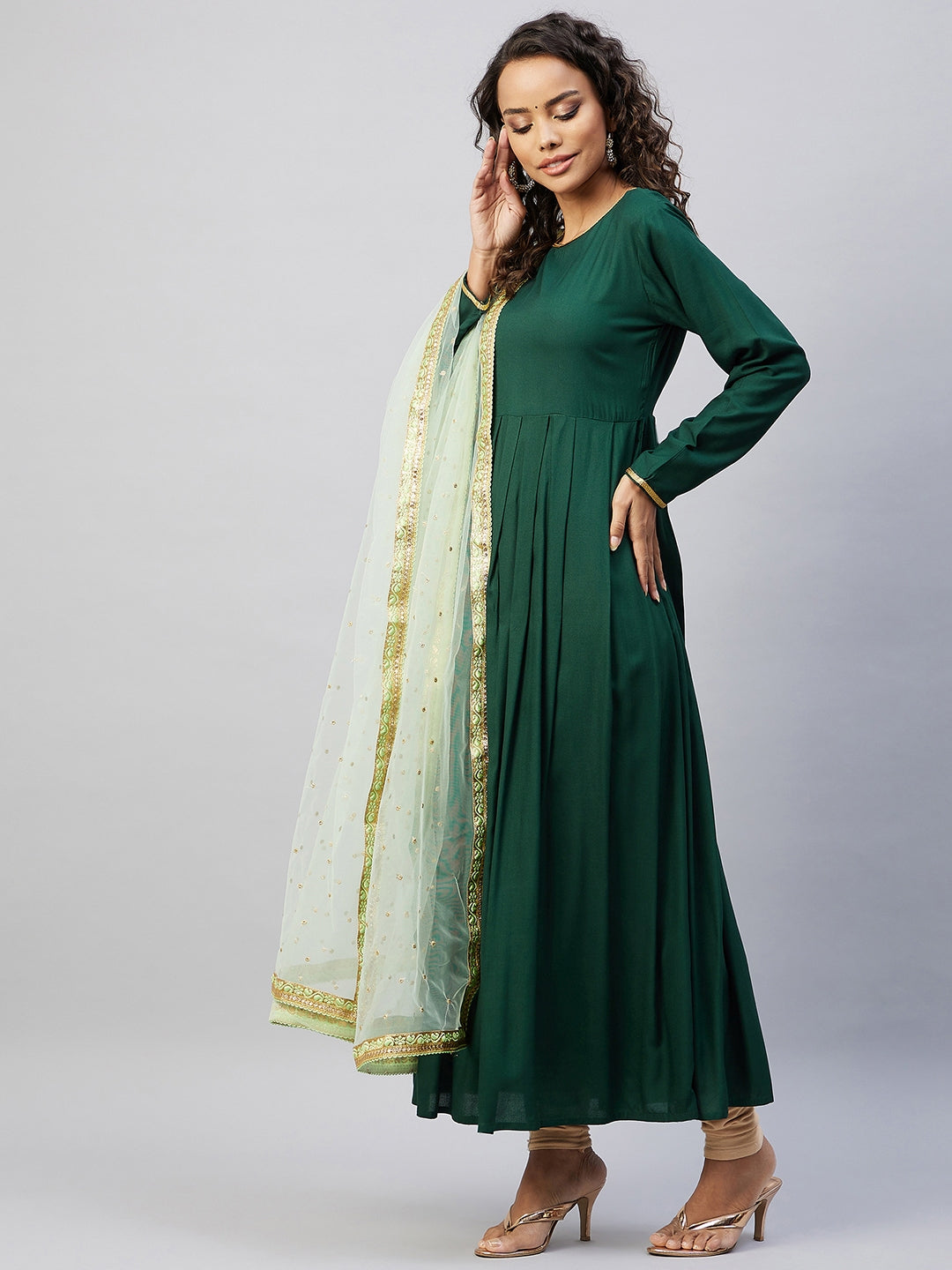 InWeave Women's Green Solid Long Kurta With Mint Green Net Dupatta - Swadesiicart