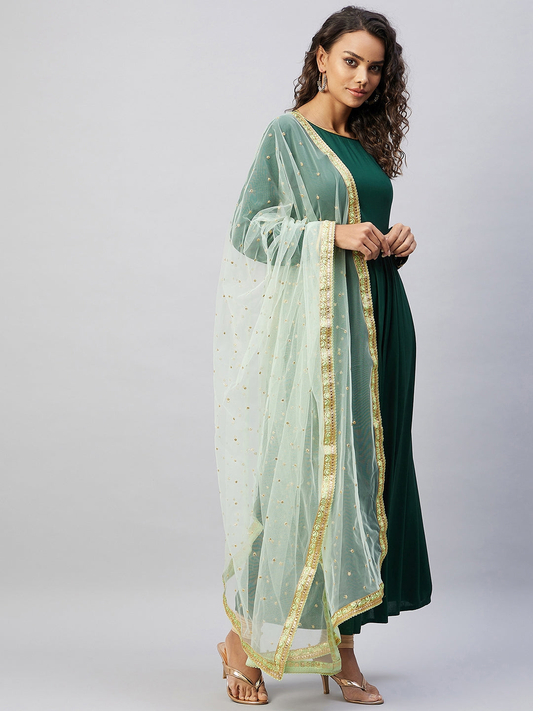 InWeave Women's Green Solid Long Kurta With Mint Green Net Dupatta - Swadesiicart