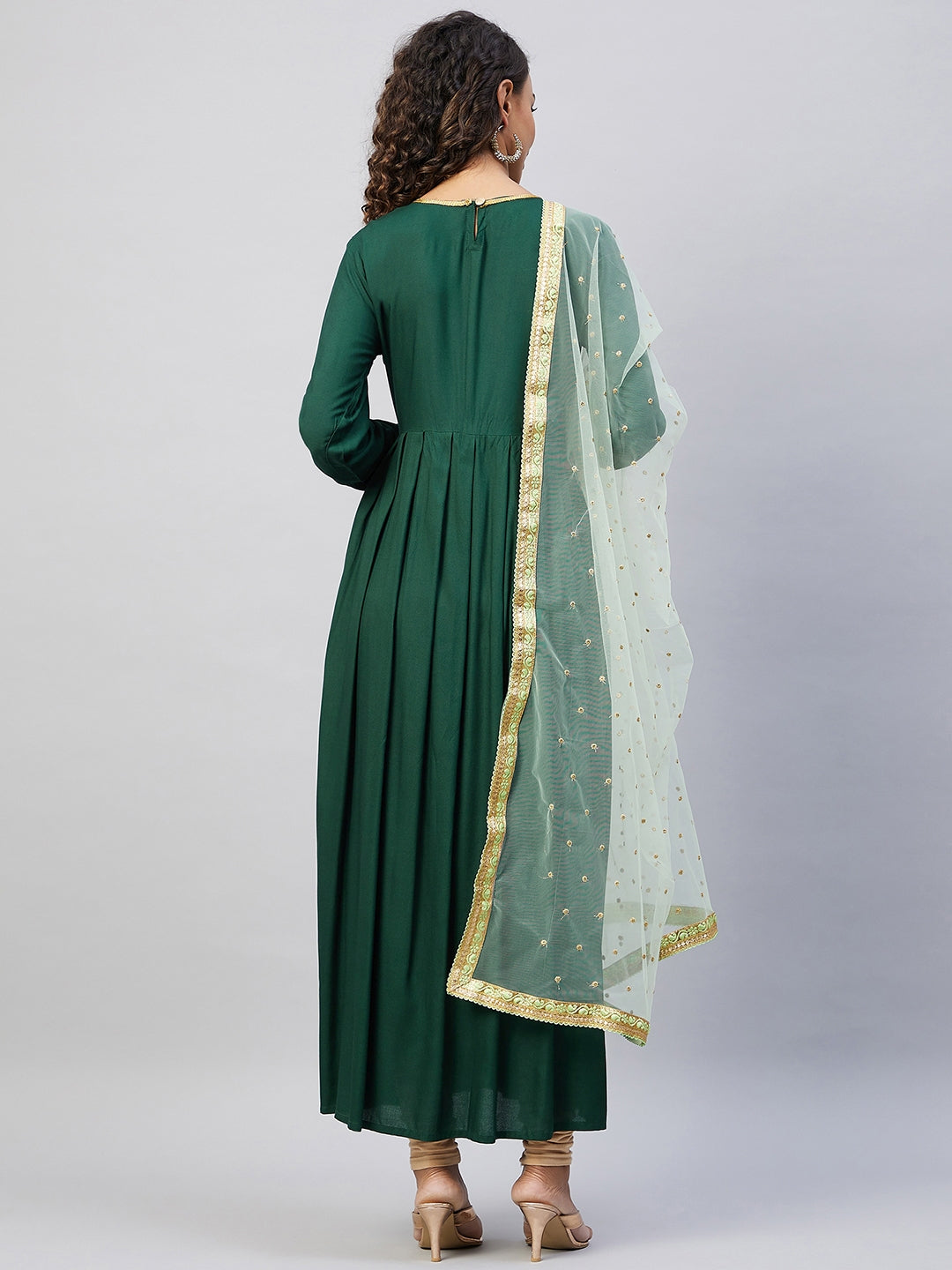InWeave Women's Green Solid Long Kurta With Mint Green Net Dupatta - Swadesiicart
