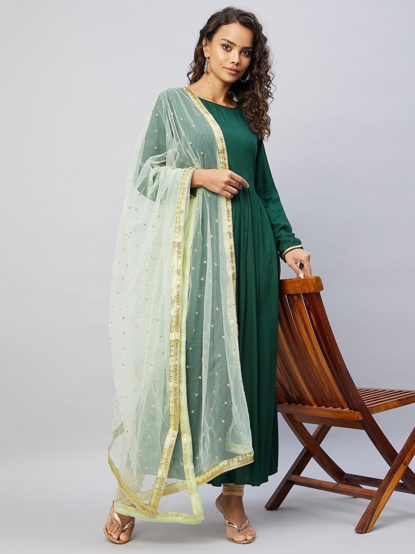 InWeave Women's Green Solid Long Kurta With Mint Green Net Dupatta - Swadesiicart