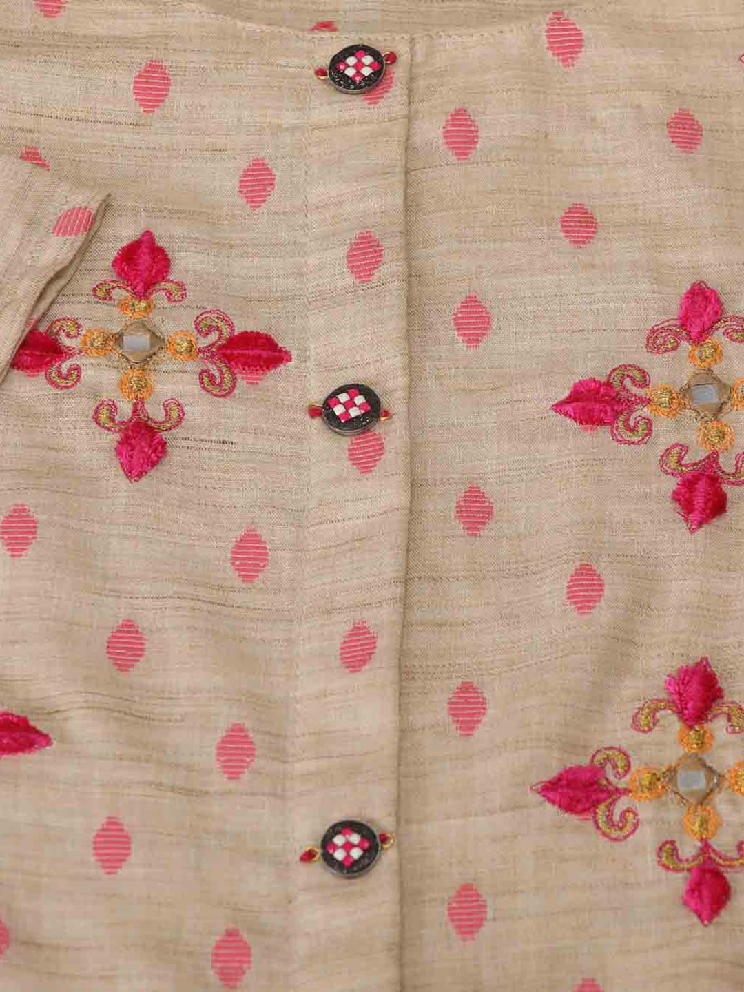 Kalini Women Cream-Coloured Embroidered High Slit Mirror Work Pure Cotton Kurti with Sharara | Swadesiicart