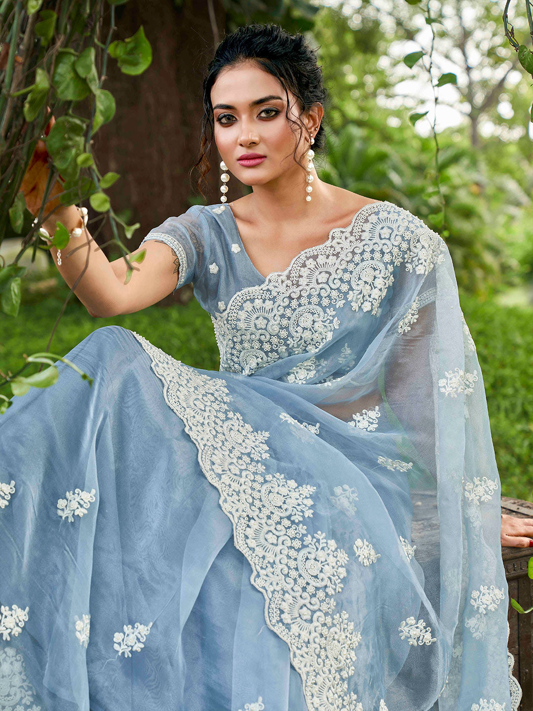 Tikhi Imli Ethnic Motifs Beads and Stones Organza Heavy Work Saree | Swadesiicart