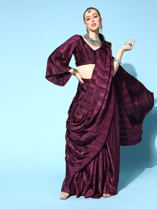Tikhi Imli Burgundy Accordion Pleated Ready to Wear Saree | Swadesiicart