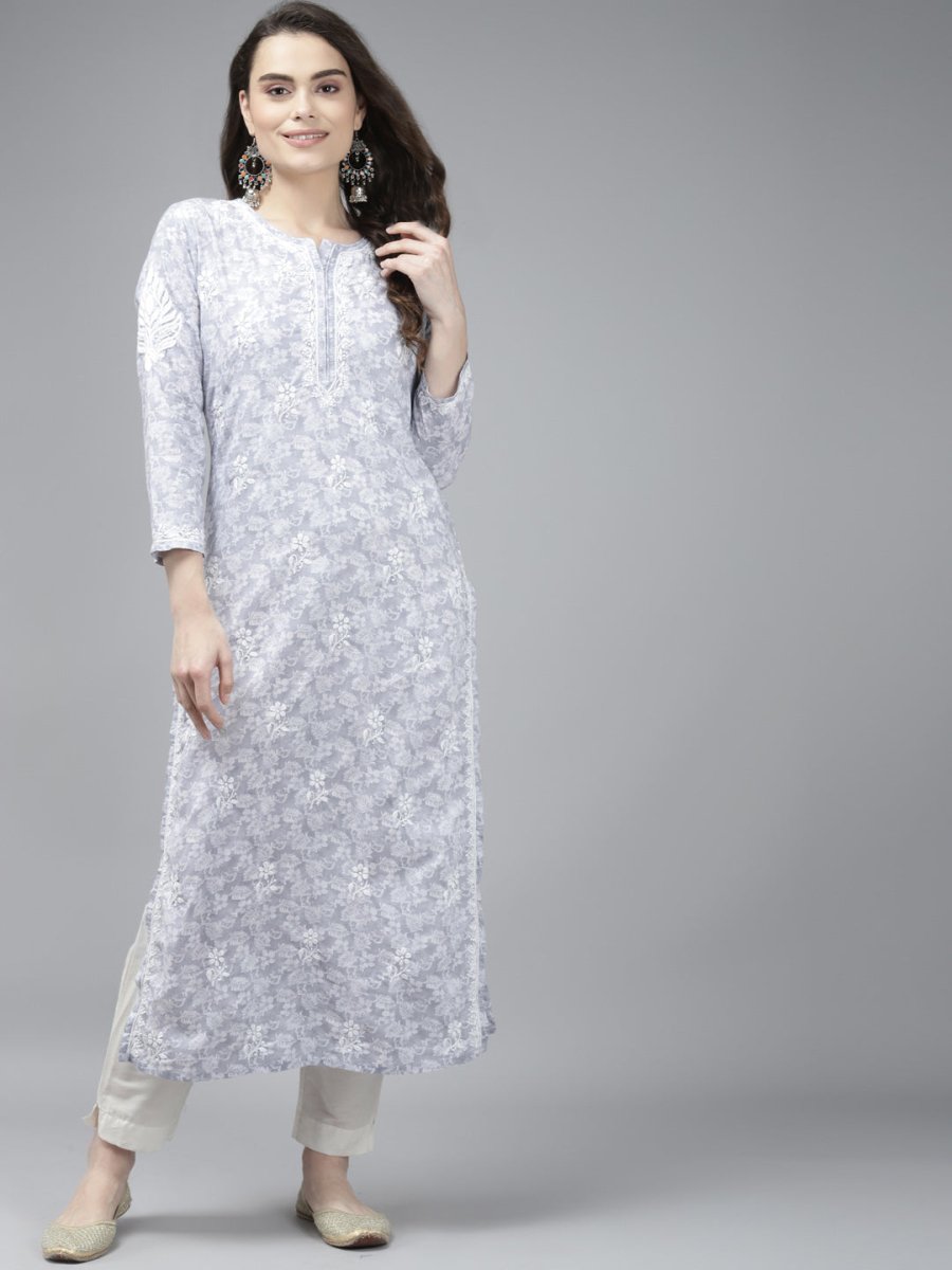 ADA Women Grey & White Floral Chikankari Cotton Handloom Kurta | Swadesiicart